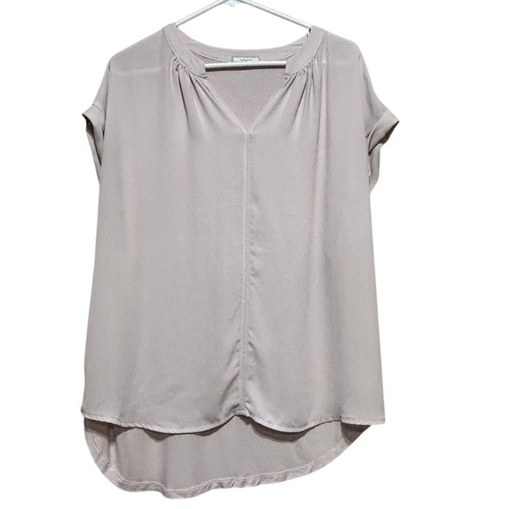Pleione Women's Dusty Pink Hi-Lo Blouse Size M V Neck Short Sleeve Casual - Picture 1 of 8